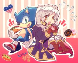 Rule 34 | 1boy, 1girl, blue eyes, blush, cape, crossover, fire emblem, fire emblem awakening, food, furry, gloves, highres, kiriya (552260), long hair, looking at viewer, nintendo, robin (female) (fire emblem), robin (fire emblem), shoes, simple background, smile, sonic (series), sonic the hedgehog, super smash bros., twintails, white hair