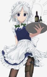 Rule 34 | apron, blue dress, blue eyes, bottle, bow, braid, clock, cowboy shot, dress, expressionless, from below, green bow, hair bow, hand up, highres, holding, holding tray, holster, izayoi sakuya, keiki8296, knife, knife sheath, looking at viewer, maid apron, maid headdress, pantyhose, puffy short sleeves, puffy sleeves, sheath, sheathed, shirt, short hair, short sleeves, simple background, thigh holster, touhou, tray, twin braids, waist apron, waist bow, white apron, white background, white bow, white hair, white shirt, wine bottle