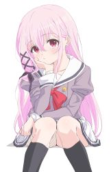 Rule 34 | 1girl, bandaged leg, bandages, black socks, blush, bow, closed mouth, commentary request, engage kiss, feet out of frame, female focus, grey shirt, hair between eyes, hand up, highres, juliet sleeves, kisara (engage kiss), kneehighs, knees up, long hair, long sleeves, looking at viewer, pink hair, pleated skirt, puffy sleeves, red bow, red eyes, sailor collar, school uniform, serafuku, shadow, shirt, simple background, sincos, sitting, skirt, socks, solo, very long hair, white background, white sailor collar, white skirt