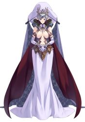Rule 34 | 1girl, breasts, cape, cleavage, cleavage cutout, clothing cutout, crown, dress, elbow gloves, full body, gem, gloves, green hair, imanaka koutarou, jewelry, large breasts, pointy ears, purple eyes, rune lord, short hair, simple background, solo, standing, transparent background, white background