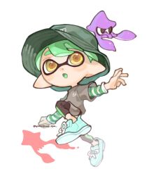 Rule 34 | 1boy, :o, blue footwear, commission, dot nose, full body, green hair, green hat, grey shirt, grey shorts, hat, inkling, inkling boy, inkling player character, leggings under shorts, nintendo, open mouth, outstretched arms, pointy ears, raised eyebrows, shirt, shoes, short hair, shorts, simple background, solo, spl8ya, splatoon (series), squid, tentacle hair, thick eyebrows, walking, white background, yellow eyes