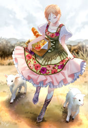 Rule 34 | 1girl, apple, baguette, basket, blonde hair, boots, bread, brown footwear, closed mouth, cloud, cloudy sky, collarbone, dress, field, food, fruit, full body, hill, honey, jar, knee boots, lace, lace-trimmed shirt, lace trim, looking down, original, outdoors, pinafore dress, pink skirt, purple eyes, sheep, shirt, shiya (mizushibuki), short hair, short sleeves, signature, skirt, sky, sleeveless dress, smile, solo, underskirt, walking, white shirt, wide sleeves