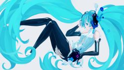 Rule 34 | 1girl, 72 (nananatsu), aqua eyes, aqua hair, bad id, bad pixiv id, belt, bridal gauntlets, elbow gloves, female focus, fingerless gloves, floating, gloves, gradient background, hatsune miku, hatsune miku (append), latex, long hair, necktie, smile, solo, thighhighs, twintails, very long hair, vocaloid, vocaloid append, white background
