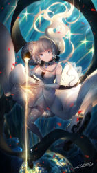 Rule 34 | 1girl, ahoge, artist name, azur lane, bad id, bad pixiv id, bare shoulders, blunt bangs, breasts, dress, elbow gloves, floating hair, full body, garter straps, gloves, grey hair, hair ornament, heiwari kanade, highres, holding, holding pot, illustrious (azur lane), large breasts, long hair, looking at viewer, mole, mole under eye, open mouth, pot, pouring, signature, smile, solo, sparkle, thighhighs, white dress, white gloves, white thighhighs