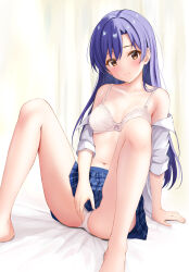 Rule 34 | 1girl, absurdres, bare legs, bed sheet, blue hair, blue skirt, blush, bra, breasts, ca paria, cameltoe, collarbone, curtains, highres, idolmaster, idolmaster (classic), idolmaster million live!, indoors, kisaragi chihaya, knees up, looking at viewer, medium breasts, navel, open clothes, open shirt, panties, plaid, plaid skirt, pleated skirt, sitting, skirt, smile, solo, spread legs, underwear, white bra, white panties