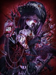 Rule 34 | 1girl, :o, black dress, blood, blood bag, blood on clothes, chain, colored skin, cross, cross hair ornament, dress, ear piercing, feathered wings, female focus, garter straps, guro, hair ornament, hairclip, hat, highres, injury, intestines, intravenous drip, iv stand, jewelry, lip piercing, looking at viewer, low wings, mismatched pupils, original, pale skin, piercing, purple hair, purple skin, ring, slit pupils, solo, studded bracelet, teeth, wings, yu-ki iwata, zombie, zombie girl