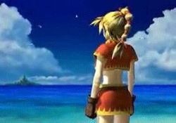 Rule 34 | 1girl, animated, animated gif, beach, blonde hair, blue eyes, chrono (series), chrono cross, cloud, facepaint, female focus, jacket, jewelry, kid (chrono cross), long hair, looking back, lowres, midriff, miniskirt, necklace, ocean, outdoors, ponytail, red ribbon, ribbon, skirt, sky, solo, standing, tank top