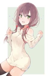 Rule 34 | 1girl, bare shoulders, beige sweater, black socks, black thighhighs, blush, bra strap, breasts, brown hair, clenched hands, collarbone, cowboy shot, dress, flower, green background, green eyes, hair flower, hair ornament, happy, highres, hyakunin momoko, kneehighs, long hair, long sleeves, looking at viewer, low twintails, medium breasts, off shoulder, open mouth, original, outstretched arm, raised eyebrows, rectangle, short twintails, simple background, smile, socks, solo, sweater, sweater dress, teeth, thighhighs, thighs, twintails, white background, zettai ryouiki
