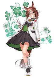 Rule 34 | 1girl, absurdres, animal ears, ankle boots, black skirt, blush, boots, brown hair, buttons, clover, clover hair ornament, commentary, dated, double-breasted, fine motion (umamusume), full body, gloves, green eyes, hair between eyes, hair bun, hair ornament, hair ribbon, highres, horse ears, horse girl, horse tail, jacket, kneehighs, looking at viewer, multicolored hair, ribbon, sagoromo 04, signature, single hair bun, skirt, smile, socks, solo, tail, trimmed tail, two-tone hair, umamusume, white footwear, white gloves, white hair, white jacket, white socks