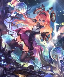 Rule 34 | 1girl, ahoge, artist request, audience, blue eyes, cygames, disco ball, dress, gloves, hairband, idol, kneeling, lishenna omen of destruction, long hair, looking at viewer, microphone, music, official art, red hair, ribbon, shadowverse, singing, skirt, thighhighs