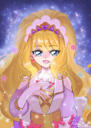 Rule 34 | 1girl, absurdres, artist name, blonde hair, blue eyes, blunt bangs, bridal gauntlets, brooch, candy, candy hair ornament, choker, clothing cutout, commentary, cure finale, delicious party precure, earrings, food, food-themed hair ornament, gloves, hair ornament, heart, heart brooch, highres, jacket, jewelry, kasai amane, konpeitou, long hair, long sleeves, looking at viewer, magical girl, open mouth, precure, razu kichi, shoulder cutout, signature, smile, solo, sparkle, star (symbol), starry background, tiara, very long hair, white choker, white gloves, white jacket, wide ponytail