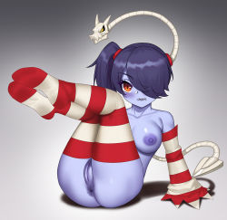 Rule 34 | 1girl, anus, blue skin, breasts, cleft of venus, colored skin, feet, highres, nipples, nude, pussy, skullgirls, soles, solo, squigly (skullgirls), stitched mouth, stitches, striped clothes, striped thighhighs, tail, thighhighs, wd1113, zombie