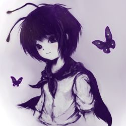 Rule 34 | 1girl, antennae, bug, butterfly, c.n.c., cape, female focus, gradient background, insect, monochrome, short hair, short sleeves, simple background, smile, solo, touhou, wriggle nightbug
