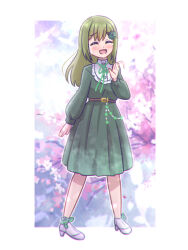 Rule 34 | 1girl, ^ ^, akihitohappy, arm at side, belt, bolo tie, border, brown belt, check commentary, cherry blossoms, chromatic aberration, closed eyes, commentary request, cosplay, crying, dakishimeru hanabira (love live!), dress, facing viewer, flower, footwear flower, green dress, green flower, green hair, hair flower, hair ornament, hand up, highres, link! like! love live!, long hair, long sleeves, love live!, medium dress, motion lines, oogami sachi, open mouth, outline, outside border, puffy long sleeves, puffy sleeves, red flower, red rose, rose, sidelocks, smile, solo, streaming tears, tears, waving, white border, white outline
