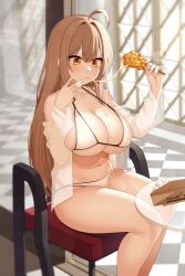 Rule 34 | 1girl, absurdres, ahoge, bare legs, bare shoulders, belly, bikini, blurry, breasts, brown hair, cheese trail, cleavage, commission, corn dog, depth of field, halterneck, hands up, highres, holding, kkam-sang, large breasts, long hair, long sleeves, looking down, navel, off shoulder, open clothes, open shirt, orange eyes, original, plump, see-through, shirt, sitting, solo, stomach, stool, strap gap, string bikini, swimsuit, thighs, very long hair, white bikini, white shirt