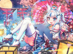 Rule 34 | 1girl, :3, animal ears, bell, bloop (gawr gura), blue eyes, blue hair, blunt bangs, collar, fins, fish tail, fox ears, gawr gura, hair ornament, highres, holding, holding stuffed toy, hololive, hololive english, japanese clothes, kimono, looking at viewer, medium hair, multicolored hair, neck bell, hugging object, open mouth, resolution mismatch, shark, shark hair ornament, shark tail, sharp teeth, silver hair, source smaller, streaked hair, stuffed animal, stuffed toy, tail, teeth, two side up, virtual youtuber, yazuishou ray