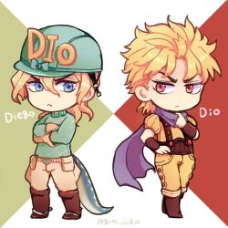 Rule 34 | 2boys, blonde hair, blue eyes, boots, character name, chibi, commentary request, crossover, diego brando, dinosaur tail, dio brando, grm jogio, hat, jojo no kimyou na bouken, long hair, long sleeves, looking at another, male focus, multiple boys, phantom blood, red eyes, scarf, scary monsters (stand), stand (jojo), steel ball run, suspenders, sweater, tail