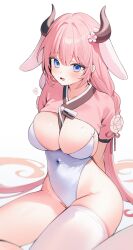 Rule 34 | 1girl, absurdres, animal ears, blue eyes, blush, breasts, cleavage, commentary, covered navel, curvy, english commentary, eyelashes, flower, frilled thighhighs, frills, gradient background, hair between eyes, hair flower, hair intakes, hair ornament, halo, highres, horns, large breasts, leotard, light blush, long hair, looking at viewer, navel, original, parted lips, pink hair, redrawn, simple background, single thighhigh, sitting, skindentation, solo, sweat, thighhighs, thighs, timy, very long hair, white background, white leotard, white thighhighs, yokozuwari