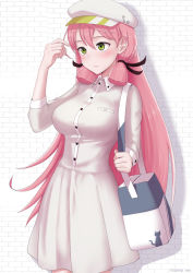 Rule 34 | 1girl, akashi (kancolle), bag, blunt tresses, blush, breasts, brown ribbon, buttons, closed mouth, collared dress, cypress, dress, green eyes, grey dress, grey hat, hair between eyes, hair ribbon, hat, kantai collection, large breasts, long hair, long sleeves, md5 mismatch, pink hair, resolution mismatch, ribbon, shoulder bag, solo, source larger, tress ribbon