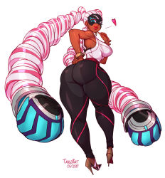 Rule 34 | 1girl, arms (game), ass, blue eyes, bracelet, breasts, dark skin, dark-skinned female, drill hair, finger to face, from behind, full body, heart, high heels, highres, hip focus, jewelry, lips, long hair, looking at viewer, looking back, medium breasts, nail polish, one eye closed, pants, pink hair, smile, solo, tangobat, thick thighs, thighs, twin drills, twintails, twintelle (arms), very long hair, wide hips