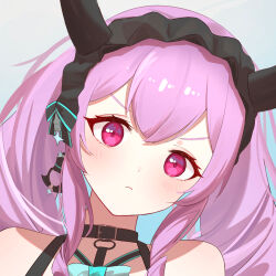 1girl arknights bingcan black_hairband black_horns blush chinese_commentary closed_mouth commentary_request frills hairband highres horns long_hair looking_at_viewer official_alternate_costume pink_eyes pink_hair portrait solo typhon_(arknights) typhon_(temperature_difference)_(arknights)