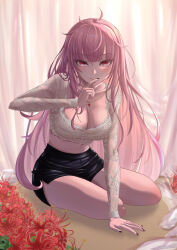 Rule 34 | 1girl, absurdres, black nails, black skirt, blunt bangs, blush, breasts, cleavage, closed mouth, collarbone, finger to mouth, fingernails, floral print, flower, highres, hololive, hololive english, jewelry, large breasts, long hair, long sleeves, looking at viewer, messy hair, midriff, mori calliope, nail polish, necklace, pink eyes, pink hair, raised eyebrows, red flower, see-through, see-through shirt, shirt, sitting, skirt, smile, solo, spider lily, thighs, virtual youtuber, white shirt, yokozuwari, zolomon (jarvis lin)