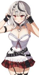 Rule 34 | 1girl, absurdres, arm strap, belt, black belt, black collar, black gloves, black hair, black thighhighs, blush, braid, breasts, buckle, camisole, cleavage, collar, collarbone, cowboy shot, double v, fingerless gloves, frills, garter straps, gloves, grey hair, hair ornament, hands up, heart, heart-shaped buckle, heart pendant, highres, hololive, medium breasts, medium hair, miniskirt, multicolored hair, nail polish, nyuu (pixiv12143565), o-ring, o-ring legwear, open mouth, plaid, plaid skirt, raised eyebrows, red eyes, red nails, red skirt, sakamata chloe, simple background, skirt, solo, spaghetti strap, streaked hair, thighhighs, thighs, v, virtual youtuber, white background, white camisole, x hair ornament, zettai ryouiki