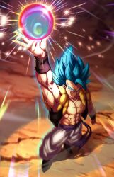 Rule 34 | 1boy, abs, absurdres, arm up, armpits, blue eyes, blue hair, commentary, dragon ball, dragon ball super, dragon ball super broly, energy ball, english commentary, from above, full body, gogeta, highres, male focus, metamoran vest, muscular, muscular male, pea-bean, solo, super saiyan, super saiyan blue