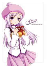 Rule 34 | 1girl, azmaria hendric, beret, bow, chrno crusade, english text, flat chest, gift, happy birthday, hat, holding, holding gift, long hair, parted bangs, pleated skirt, purple eyes, silver hair, simple background, skirt, smile, solo, turtleneck
