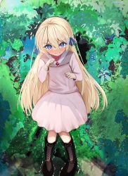 Rule 34 | 1girl, black footwear, blonde hair, blue eyes, blush, boots, brooch, bush, clenched hands, clenched teeth, cross-laced footwear, day, dress, embarrassed, female focus, flat chest, flying sweatdrops, full body, furara (sheseecrisis!), hair between eyes, hair ribbon, hands up, have to pee, highres, jewelry, knee boots, knees together feet apart, long hair, long sleeves, looking at viewer, michinoku (michino934), nose blush, outdoors, pink dress, pink vest, ribbon, sheseecrisis!, sidelocks, solo, standing, sweat, tears, teeth, textless version, trembling, v-shaped eyebrows, very long hair, vest