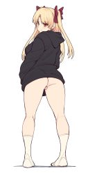 Rule 34 | 1girl, ass, back, black hoodie, blonde hair, blush, bottomless, cleft of venus, closed mouth, earrings, ereshkigal (fate), fate/grand order, fate (series), hair ornament, hands in pockets, highres, hood, hoodie, jewelry, long hair, long sleeves, looking at viewer, looking back, naked hoodie, no panties, parted bangs, pussy, red eyes, ribbon, shiseki hirame, simple background, socks, solo, suoiresnu, sweater, third-party edit, twintails, white background, white socks