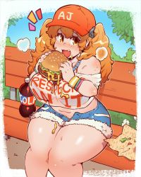 Rule 34 | 1girl, aj-chan, bare shoulders, bench, breasts, burger, eating, fang, food, hat, highres, huge breasts, knees together feet apart, long hair, looking at viewer, messy, open mouth, orange eyes, orange hair, orange hat, original, outdoors, outside border, plump, sanjiro (tenshin anman), see-through, see-through shirt, shirt, shorts, sitting, solo, thick thighs, thighs, twintails, wide hips