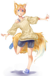 Rule 34 | 1girl, animal ear fluff, animal ears, bike shorts, blonde hair, blue eyes, fox ears, fox tail, full body, highres, jaco, large tail, original, short hair, simple background, solo, standing, standing on one leg, tail, white background