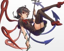 Rule 34 | 1girl, ahoge, asymmetrical wings, black dress, black hair, black thighhighs, bow, breasts, dress, footwear bow, full body, grey background, highres, holding, holding weapon, houjuu nue, legs up, long hair, looking at viewer, lying, on back, polearm, red bow, red eyes, red footwear, red neckwear, shoes, short dress, short sleeves, small breasts, smile, snake, solo, thighhighs, thighs, touhou, trident, weapon, wings, wristband, yanyan (shinken gomi)