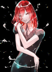 Rule 34 | 1other, absurdres, ambiguous gender, androgynous, black background, black necktie, black shirt, cinnabar (houseki no kuni), collared shirt, commentary request, gem uniform (houseki no kuni), highres, houseki no kuni, long hair, looking at viewer, mercury (element), necktie, parted lips, red eyes, red hair, shirt, short sleeves, solo, upper body, white shirt, yuri kyanon