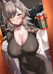Rule 34 | 1girl, absurdres, animal ears, arknights, black dress, blush, braid, breasts, can, choker, cleavage, commentary request, covered navel, cowboy shot, dishui tangni, dress, dutch angle, grey hair, highres, holding, holding can, large breasts, long hair, long sleeves, looking at viewer, parted lips, penance (arknights), single braid, solo, standing, white choker, wolf ears, yellow eyes