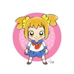 Rule 34 | 1girl, :3, blue sailor collar, blue skirt, brown footwear, commentary, full body, hair ornament, hair scrunchie, highres, light blush, looking at viewer, neckerchief, open mouth, orange hair, poptepipic, popuko, red neckerchief, sailor collar, school uniform, scrunchie, serafuku, shirt, shoes, short hair, short twintails, signature, skirt, socks, standing, takeuchi kou, twintails, two side up, white shirt, white socks, yellow eyes, yellow scrunchie