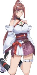 Rule 34 | 1girl, chest jewel, core crystal (xenoblade), criss-cross halter, glimmer (xenoblade), hairband, halterneck, high ponytail, highres, japanese clothes, kimono, red hair, simple background, solo, swept bangs, two-tone hairband, white kimono, xenoblade chronicles (series), xenoblade chronicles 3, xenoblade chronicles 3: future redeemed, yamame 012, yellow eyes