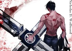 Rule 34 | 1boy, belt, black belt, black hair, black jacket, black pants, blood, blood on chest, blood on face, character name, cowboy shot, cross punisher, from behind, highres, holding, holding clothes, holding jacket, jacket, large cross, male focus, nicholas d. wolfwood, oxalicacid23, pants, short hair, solo, standing, trigun, white background