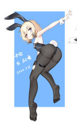 Rule 34 | 1girl, absurdres, armpits, ass, black leotard, blonde hair, blue eyes, blush, card, closed mouth, dated, fake bunny ears, feet, from behind, full body, highres, kalun (fwme3378), leotard, looking at viewer, looking back, medium hair, original, outstretched arm, pantyhose, playboy bunny, playing card, rabbit ears, soles, solo, toes, torn clothes, torn pantyhose, wrist cuffs