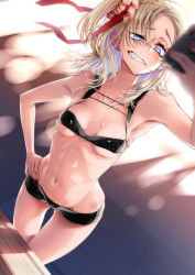 Rule 34 | 1girl, :d, bad id, bad twitter id, bare shoulders, bikini, black bikini, black shorts, blonde hair, blue eyes, blush, breasts, breasts apart, cellphone, clenched teeth, cluseller, collarbone, cowboy shot, earrings, eyelashes, eyepatch bikini, fang, fingernails, gluteal fold, grin, groin, hair between eyes, hair ornament, hair ribbon, hair scrunchie, half-closed eyes, hand on own hip, highres, holding, holding phone, jewelry, legs together, long fingernails, looking at viewer, medium hair, midriff, mole, mole on stomach, nail polish, navel, open mouth, original, phone, photo-referenced, pink scrunchie, pointy ears, reaching, reaching towards viewer, red nails, red ribbon, ribbon, scrunchie, selfie, sharp teeth, shiny clothes, shorts, sidelocks, skindentation, small breasts, smartphone, smile, solo, standing, stomach, stud earrings, swimsuit, taking picture, teeth