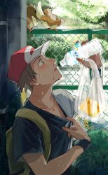 Rule 34 | 1boy, backpack, bag, baseball cap, black shirt, blood, blush, bottle, brown hair, bush, collarbone, commentary request, creatures (company), day, fence, game freak, gen 1 pokemon, hat, head back, highres, holding, holding bottle, hot, looking at object, male focus, nintendo, nosebleed, open mouth, outdoors, pidgey, plastic bag, pokemon, pokemon (creature), pokemon frlg, red (pokemon), shirt, shirt tug, short hair, sweat, tokeru, tree, water bottle