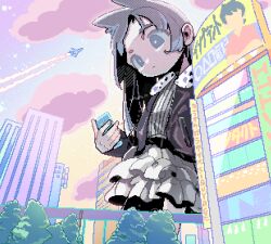 Rule 34 | 1girl, aircraft, airplane, animal ears, building, cat ears, cat girl, cellphone, city, closed mouth, cloud, commentary, contrail, cowboy shot, day, expressionless, frilled skirt, frills, giant, giantess, grey eyes, grey hair, highres, holding, holding phone, long hair, long sleeves, looking at phone, maiandkoh, original, outdoors, phone, pixel art, skirt, smartphone, solo, standing, symbol-only commentary, tree, white skirt, yume kawaii
