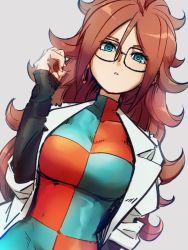 Rule 34 | 1girl, android 21, black-framed eyewear, blue eyes, breasts, checkered clothes, checkered dress, dragon ball, dragon ball fighterz, dress, earrings, glasses, grey background, hair between eyes, hoop earrings, jewelry, kemachiku, lab coat, large breasts, looking at viewer, red hair, simple background, solo