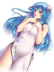 Rule 34 | 1girl, alternate costume, bad id, bad pixiv id, blue hair, blush, china dress, chinese clothes, dress, female focus, food, fruit, hair ornament, hands on own chest, hinanawi tenshi, long hair, looking at viewer, mochi.f, open mouth, peach, red eyes, simple background, solo, touhou, white background