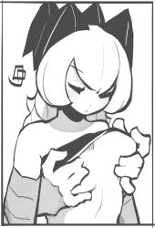 Rule 34 | 1girl, bare shoulders, bra, bra lift, grabbing another&#039;s breast, breasts, disembodied limb, dragon girl, closed eyes, grabbing, greyscale, groping, hands on breasts, highres, horns, long hair, monochrome, open mouth, original, rawsins, self-upload, underwear, upper body