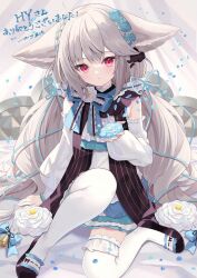 Rule 34 | ahoge, animal ear fluff, animal ears, ascot, asymmetrical legwear, bare shoulders, bed, bed sheet, bell, black footwear, black sash, blue bow, blue dress, blue petals, blue ribbon, bow, bowtie, braid, collar, collared dress, commission, detached sleeves, dress, flower, fox ears, fox girl, fox tail, frilled collar, frilled dress, frilled sleeves, frills, hair between eyes, hair ornament, hair scrunchie, highres, holding, holding flower, karijo, knee up, large ears, large tail, layered dress, long hair, long sleeves, looking at viewer, low twintails, mismatched legwear, on bed, original, petals, puffy long sleeves, puffy sleeves, red eyes, ribbon, rose, sakurada shiro (hy plus), sakurada shiro (original) (hy plus), sash, scrunchie, short dress, side braid, sitting, skeb commission, sleeveless, sleeveless dress, sleeves past wrists, solo, straight-on, tail, thank you, thighhighs, twintails, vertical-striped sash, very long hair, wariza, white ascot, white dress, white flower, white hair, white rose, white thighhighs