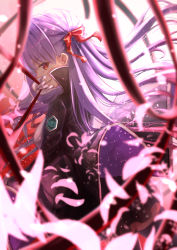 Rule 34 | 1girl, akamin, bb (fate), bb (fate/extra), black coat, blue hair, blurry, blurry foreground, bow, breasts, coat, fate/grand order, fate (series), from side, gloves, hair bow, hand up, high collar, highres, long hair, long sleeves, looking at viewer, looking to the side, medium breasts, parted lips, petals, red eyes, sideways glance, smile, solo, standing, white gloves, wide sleeves