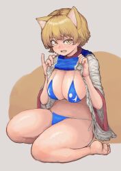 Rule 34 | 1girl, absurdres, animal ears, areola slip, bare legs, barefoot, bikini, blonde hair, blue bikini, blue tabard, blush, breasts, chanta (ayatakaoisii), cleavage, clothes lift, dress, dress lift, extra ears, fox ears, highres, large breasts, lifting own clothes, looking at viewer, short hair, simple background, soles, solo, string bikini, swimsuit, tabard, toes, touhou, white dress, yakumo ran