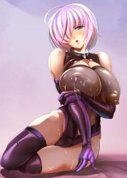 Rule 34 | 1girl, ahoge, blush, breasts, cleavage, elbow gloves, fate/grand order, fate (series), gloves, hair over one eye, kawaraya a-ta, lactation, large breasts, leotard, mash kyrielight, nipples, open mouth, purple eyes, see-through, shiny skin, solo, thighhighs